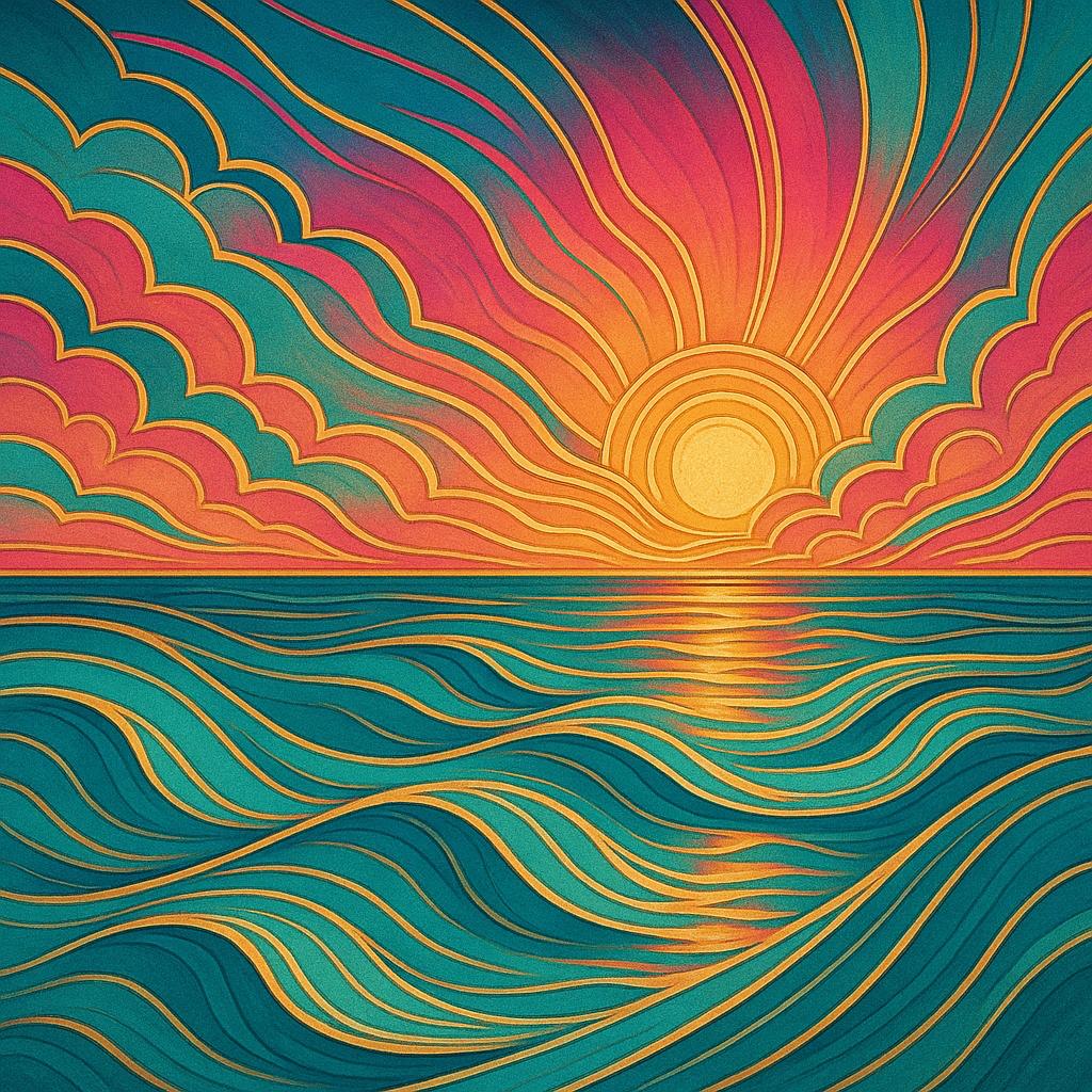 Symbolische Darstellung von Kreativität und Kunst auf dem Meer – abstrakte Wellen in Art-Déco-Stil