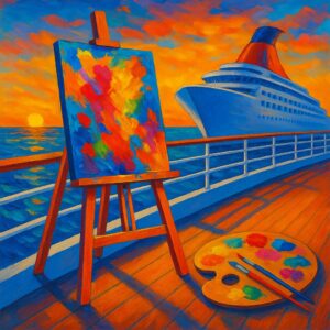 Symbolbild: Staffelei mit bunten Farben auf einem Kreuzfahrtschiff bei Sonnenuntergang – Kunst auf See erleben