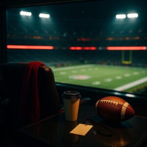 Symbolisches Bild: leere VIP-Loge mit rotem Schal, Football und Kaffeebecher – Taylor Swift fehlte beim Chiefs–Giants-Spiel im MetLife Stadium