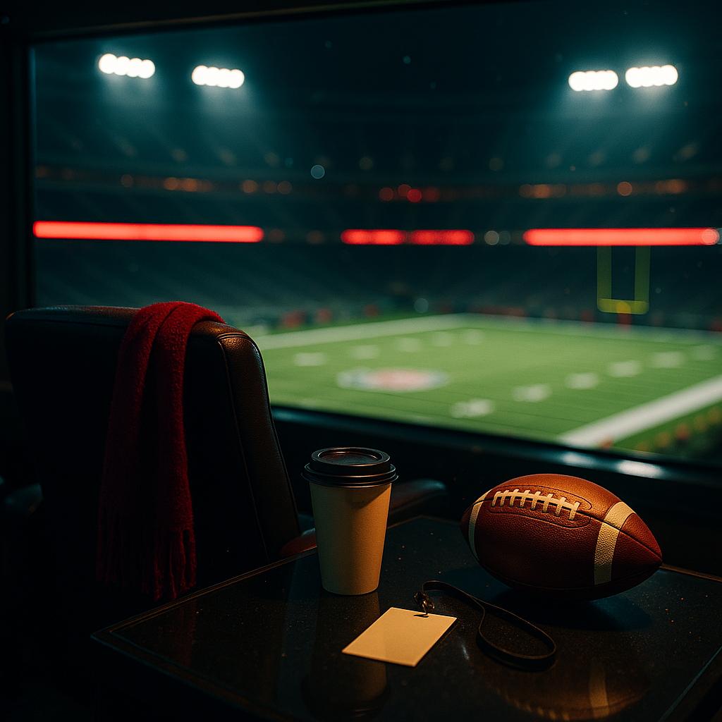 Symbolisches Bild: leere VIP-Loge mit rotem Schal, Football und Kaffeebecher – Taylor Swift fehlte beim Chiefs–Giants-Spiel im MetLife Stadium