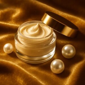 Edle Gesichtscreme mit glitzerndem Gold auf samtigem Untergrund