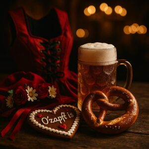 Symbolisches Oktoberfest-Bild mit Maßkrug, Brezel, rotem Dirndlstoff und Lichterbokeh – Heidifest Flair in München
