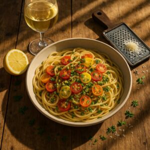 Sommerliche Pasta mit Pistazien, bunten Tomaten und frischen Kräutern