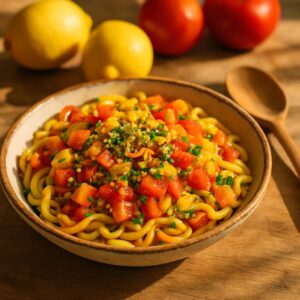 Bunte Pasta mit Tomaten, Kräutern und Pistazien – sommerliches Rezept ohne Sahne