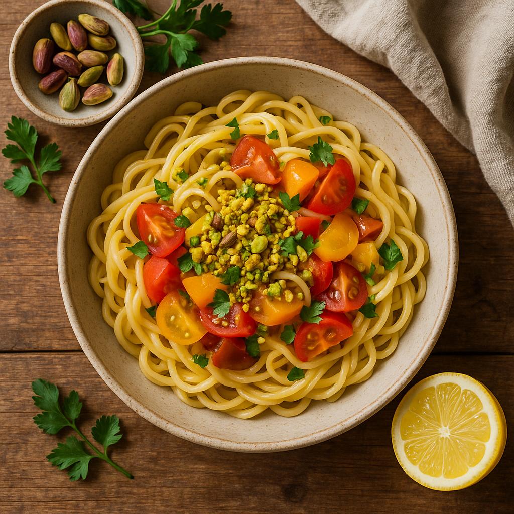 Sommerliche Pasta mit Pistazien, Tomaten und Zitronen – mediterranes Rezept