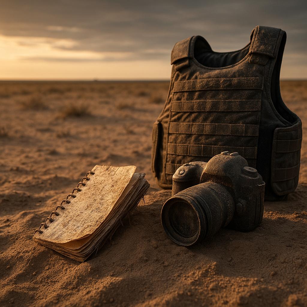 Verstaubte Kamera, Notizbuch und Schutzweste im Sand – Symbol für Krisenjournalismus