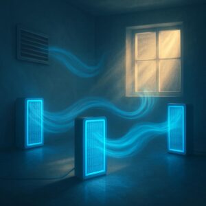 Symbolisches Bild für saubere Raumluft mit technologischen Luftfiltern und Lichtstrahlen, die eine gesunde Umgebung darstellen