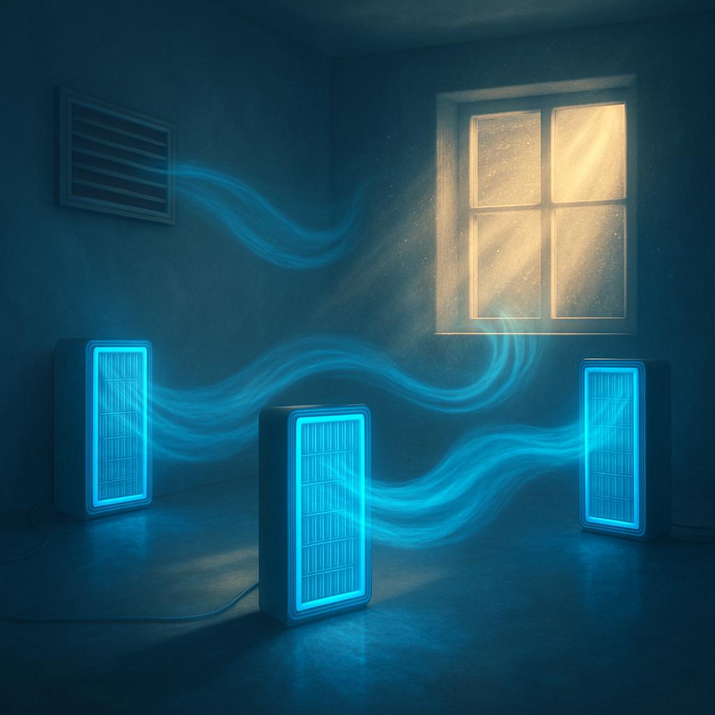 Symbolisches Bild für saubere Raumluft mit technologischen Luftfiltern und Lichtstrahlen, die eine gesunde Umgebung darstellen