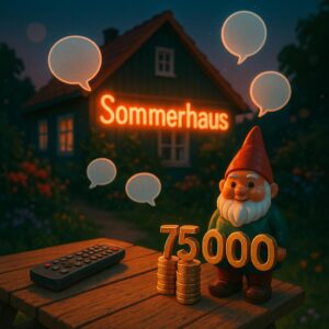 Symbolisches Bild zum Start von Sommerhaus der Stars 2025: Gartenlaube mit Neon-Schild „Sommerhaus“, Gartenwichtel, TV-Fernbedienung und Euro-Münzen als 75.000