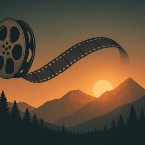 Vintage-Filmrolle, die sich vor Utah-Bergkulisse in den Sonnenuntergang abspult – symbolisches Bild zum Tod von Robert Redford, SEO-optimiert
