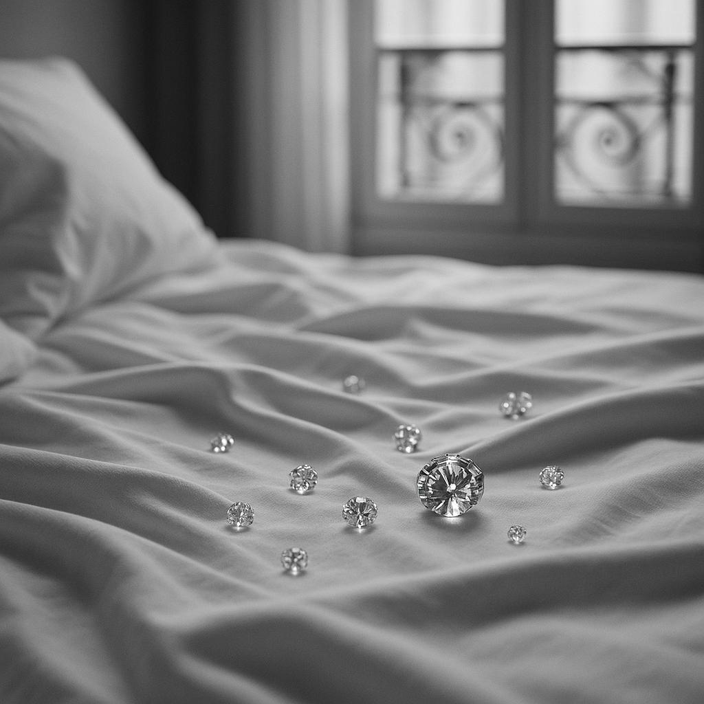 Schwarzweiß-Stillleben mit funkelnden Diamanten auf weißen Bettlaken – symbolische Hommage an Kim Kardashians Vogue-France-Cover 2025, ohne Personen.