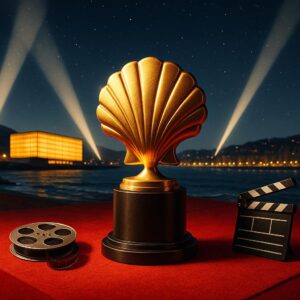 Symbolisches Bild zum Donostia-Preis in San Sebastián: goldene Film-Trophäe als Muschel vor Küstenkulisse und rotem Teppich, ohne Personen