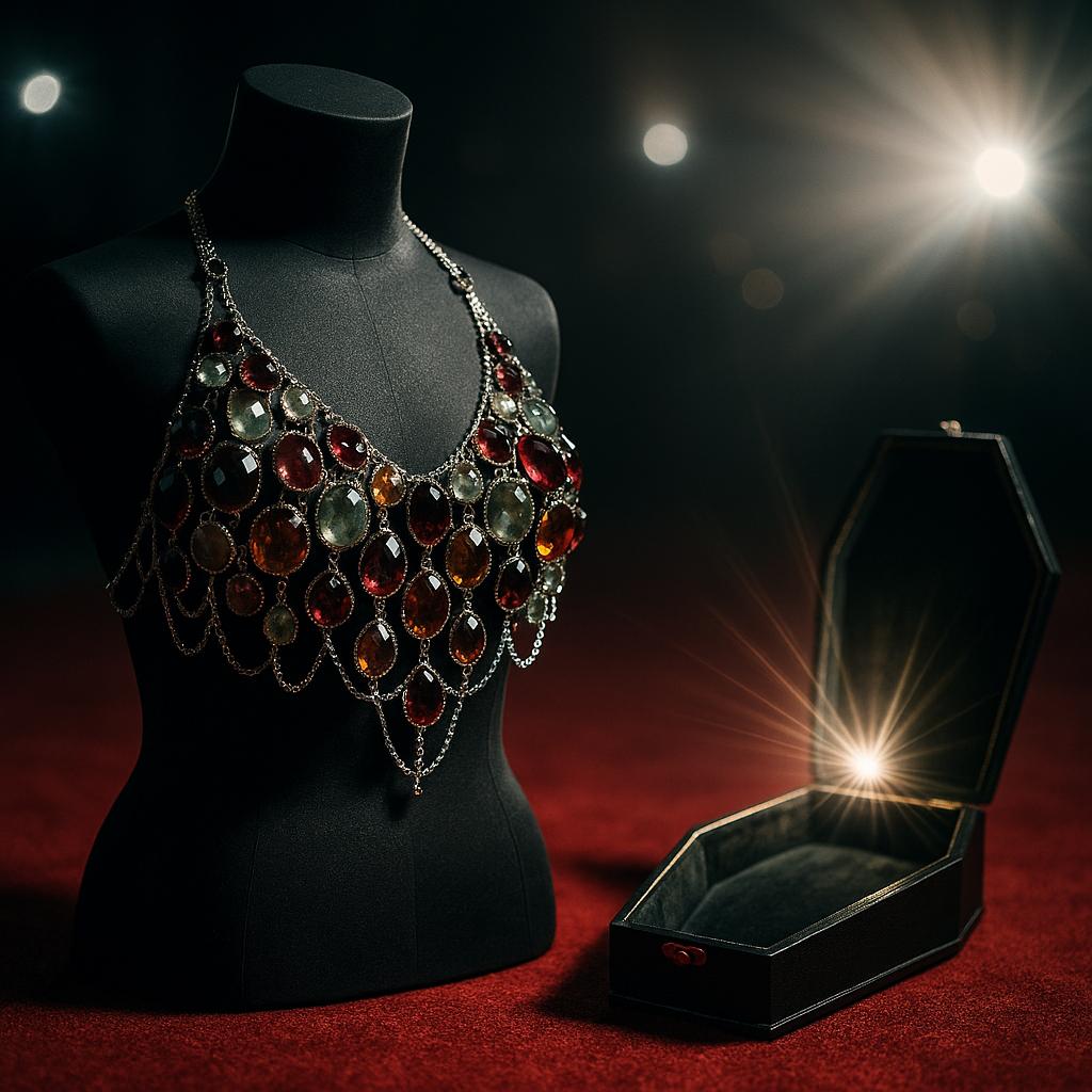 Symbolfoto eines funkelnden Juwelen-Tops auf schwarzem Display-Bust neben sargförmiger Schmuckbox auf rotem Teppich – inspiriert vom Emmys-2025-Red-Carpet-Look