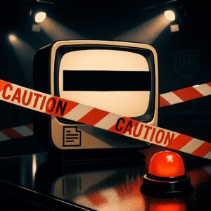 TV-Studio mit Zensurbalken und Warnband – Symbolbild zur Jugendschutz-Prüfung der Stefan-Raab-Show bei RTL, aktuelle Promi-News