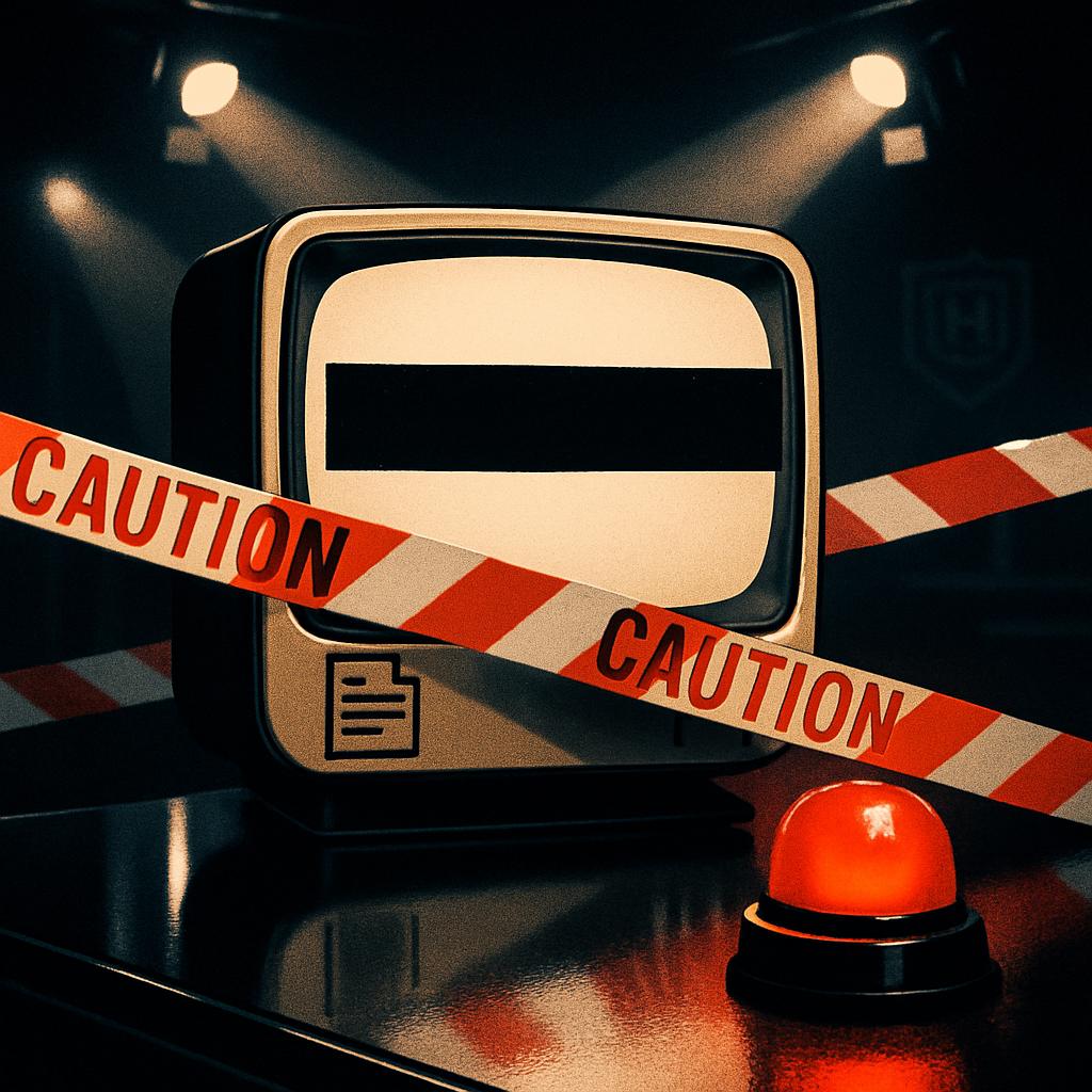 TV-Studio mit Zensurbalken und Warnband – Symbolbild zur Jugendschutz-Prüfung der Stefan-Raab-Show bei RTL, aktuelle Promi-News