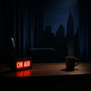 Leuchtendes ON-AIR-Schild vor leerem Talkshow-Schreibtisch mit Vorhang – Rückkehr von Jimmy Kimmel Live am 23. September 2025