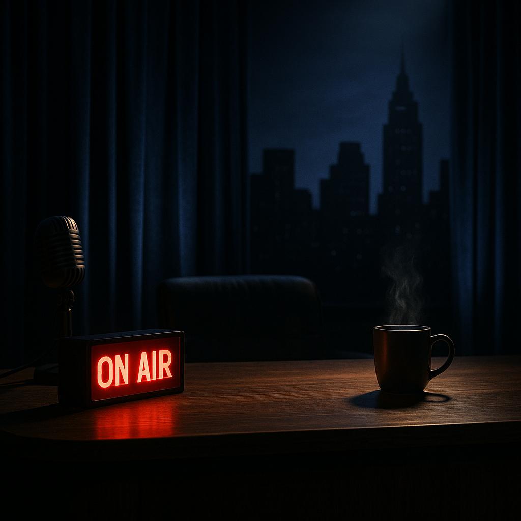 Leuchtendes ON-AIR-Schild vor leerem Talkshow-Schreibtisch mit Vorhang – Rückkehr von Jimmy Kimmel Live am 23. September 2025