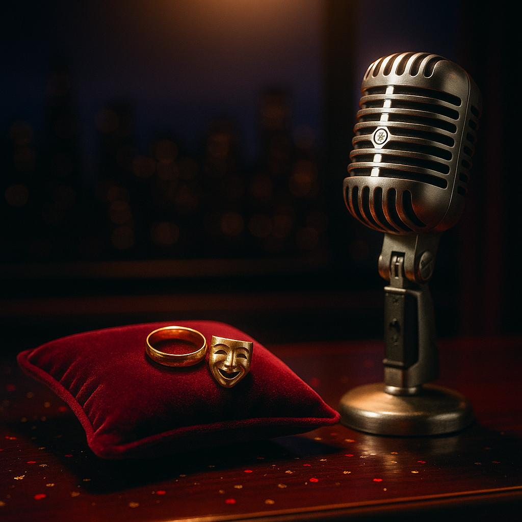 Symbolisches Stillleben mit Ringkissen, Vintage-Mikrofon und Comedy-Maske – Anspielung auf Martin Short als Ringträger bei Selena Gomez’ Hochzeit