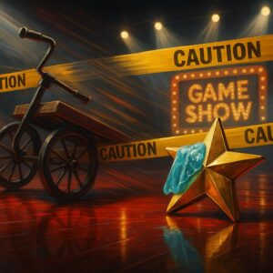 Symbolisches Bild: umgekipptes Kurbel-Fahrzeug, goldenes Stern-Pokal mit blauem Kühlpack und gelbem Absperrband – Schlag den Star Zwischenfall ohne Personen