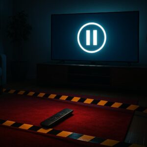 Symbolbild: Apple TV+ verschiebt 'The Savant' – leuchtendes Pause-Icon auf TV, roter Teppich mit Absperrband, keine Personen