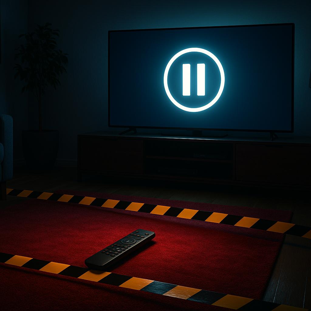 Symbolbild: Apple TV+ verschiebt 'The Savant' – leuchtendes Pause-Icon auf TV, roter Teppich mit Absperrband, keine Personen