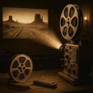 Symbolisches Bild zum Nachruf auf Claudia Cardinale: alter 35mm-Projektor, Filmrolle, staubiges Licht, Wüstenkulisse mit Schienen und Mundharmonika – Hommage an 8½, Der Leopard und Spiel mir das Lied vom Tod