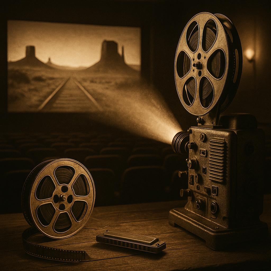 Symbolisches Bild zum Nachruf auf Claudia Cardinale: alter 35mm-Projektor, Filmrolle, staubiges Licht, Wüstenkulisse mit Schienen und Mundharmonika – Hommage an 8½, Der Leopard und Spiel mir das Lied vom Tod