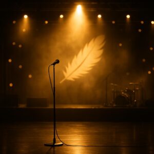 Leere Bühne mit goldenem Spotlight und Mikrofonständer als Symbol für Unheiligs Comeback bei der Goldenen Henne 2025 in Leipzig