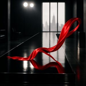 Symbolisches, menschenfreies Bild: schwarz‑weiße Runway‑Szene mit rotem Seidenband als Akzent zur Ralph‑Lauren‑Show auf der New York Fashion Week