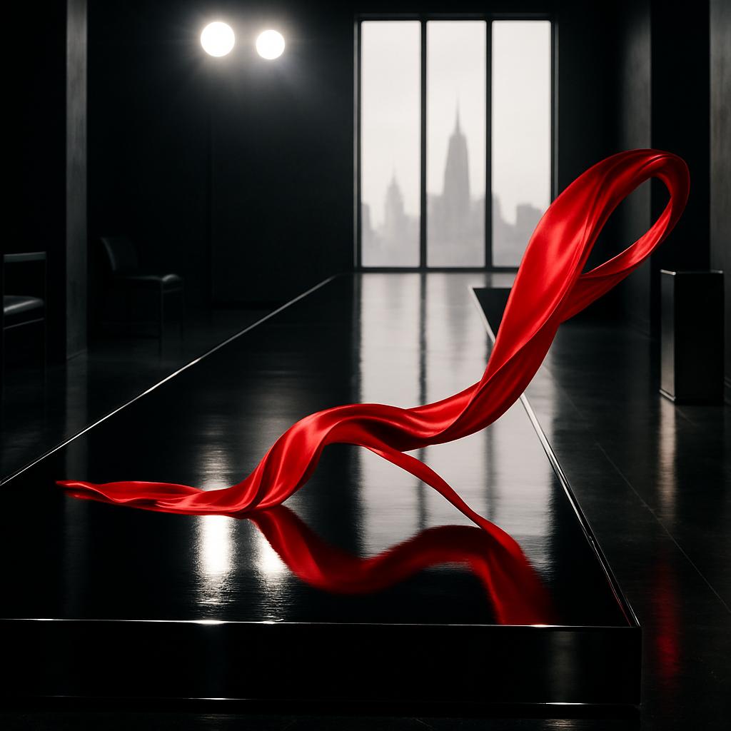 Symbolisches, menschenfreies Bild: schwarz‑weiße Runway‑Szene mit rotem Seidenband als Akzent zur Ralph‑Lauren‑Show auf der New York Fashion Week