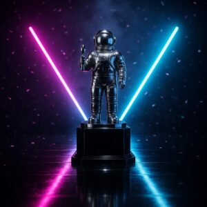 Futuristische Award-Bühne mit silberner Trophäe und Neon-Scheinwerfern – Symbolbild zu den VMAs 2025, ohne Personen