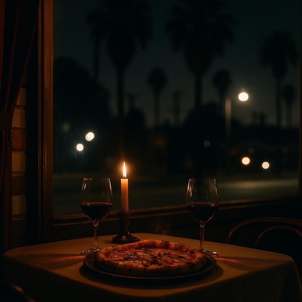 Symbolbild eines L.A.-Abends: Restauranttisch mit Pizza und zwei Weingläsern vor Fenster mit Palmen und Kamera-Blitzreflexen – Date-Gerüchte um Sydney Sweeney und Scooter Braun