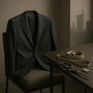 Symbolisches Stillleben eines eleganten Anzugs mit Schneiderwerkzeugen in Mailänder Atmosphäre – Hommage an Giorgio Armani, Modelegende