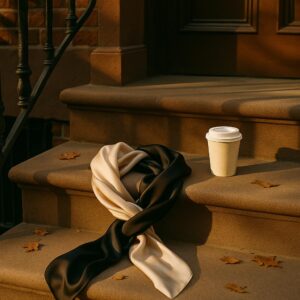 Zwei verflochtene Seidenschals in Schwarz und Beige auf einer Brooklyn-Brownstone-Stufe bei Golden Hour – symbolisches Bild zu Zoë Kravitz und Harry Styles, Hand in Hand, Promi-News