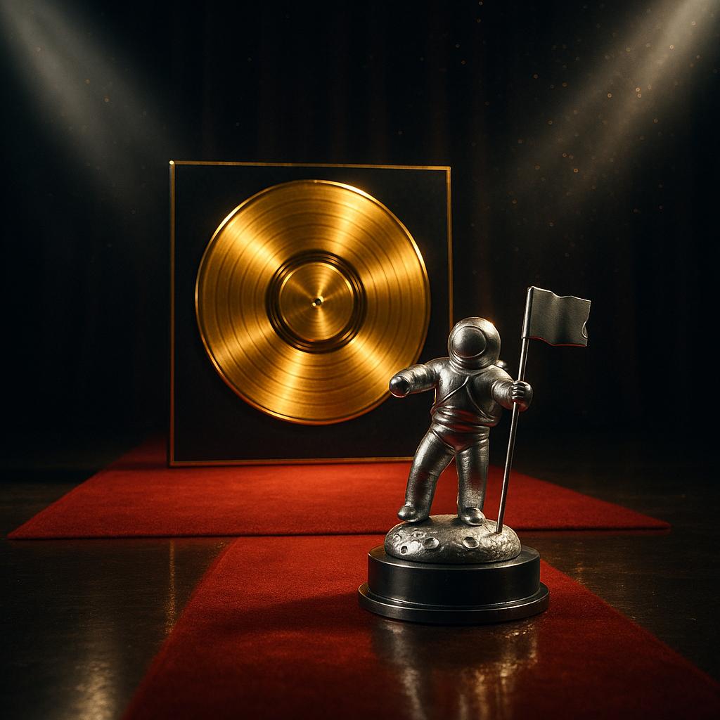 Symbolisches Bild zu den MTV VMAs 2025: goldene Schallplatte und silberne Mond-Trophäe auf rotem Teppich, Scheinwerfer, glamouröse Award-Atmosphäre