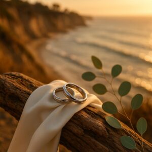 Symbolfoto zur Promi-Hochzeit von Selena Gomez und Benny Blanco in Santa Barbara: zwei verschlungene Ringe auf Treibholz, weißes Satintuch und Pazifik-Kulisse