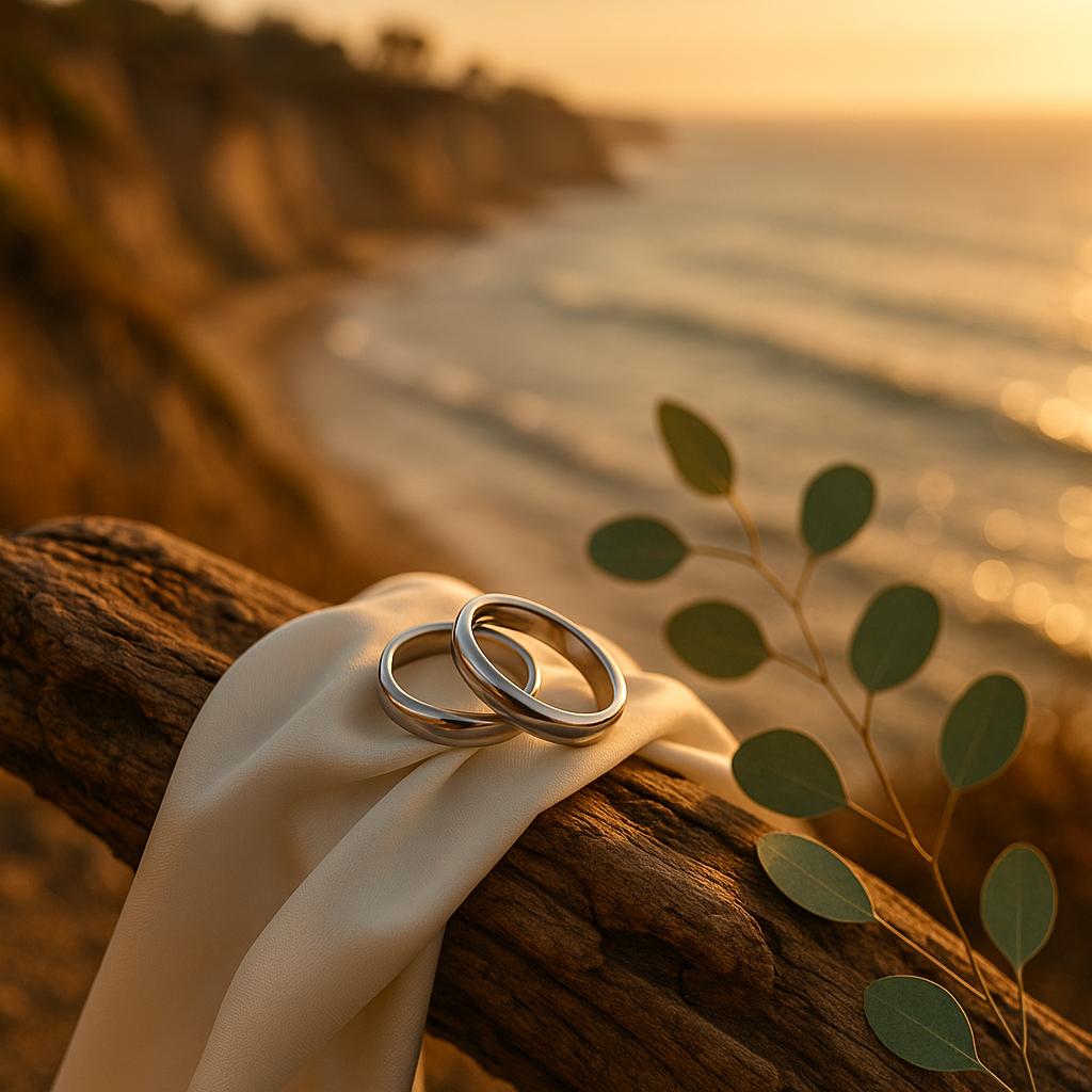 Symbolfoto zur Promi-Hochzeit von Selena Gomez und Benny Blanco in Santa Barbara: zwei verschlungene Ringe auf Treibholz, weißes Satintuch und Pazifik-Kulisse