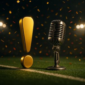 Symbolisches Bild zum Taylor‑Swift‑und‑Travis‑Kelce‑Moment: Goldenes Ausrufezeichen, Vintage-Mikrofon und Football-Feld unter Stadionlichtern