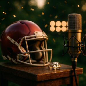 Symbolisches Bild: goldener Verlobungsring neben Football-Helm und Mikrofon im Garten – Verlobung von Taylor Swift und Travis Kelce, Podcast-News