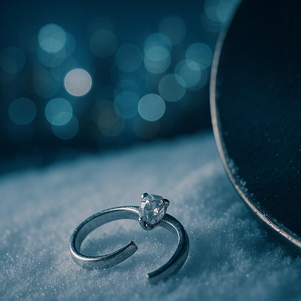 Symbolbild ohne Personen: zerbrochener Verlobungsring im Schnee neben Snowboard – Verlobung von Nina Dobrev und Shaun White geplatzt