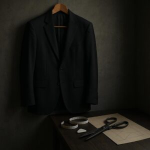 Symbolbild: Schwarzer Anzug mit Maßband, Schneiderkreide und Schere auf Holztisch – Trauer in Mailand um Giorgio Armani