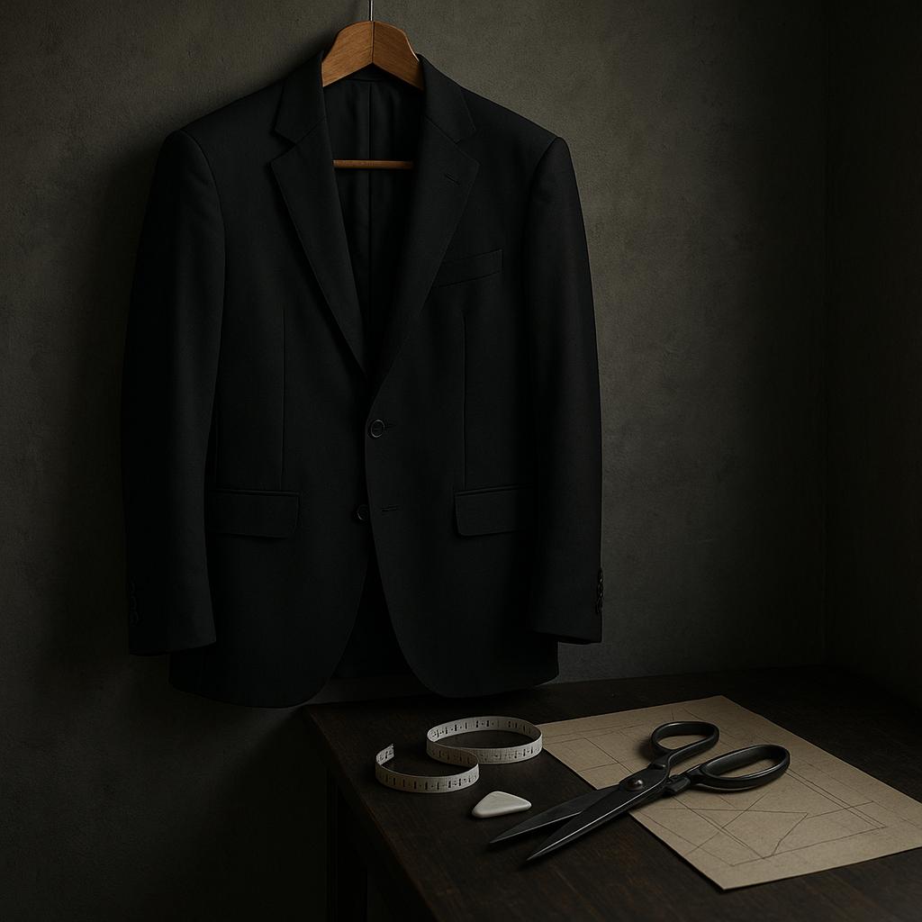 Symbolbild: Schwarzer Anzug mit Maßband, Schneiderkreide und Schere auf Holztisch – Trauer in Mailand um Giorgio Armani