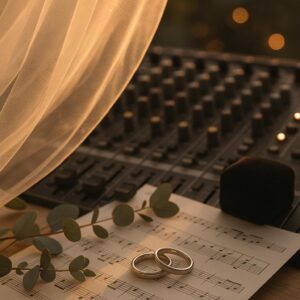 Symbolisches Bild zur Hochzeit von Selena Gomez und Benny Blanco: Eheringe auf Notenblättern mit Schleier im warmen Kalifornien-Abendlicht