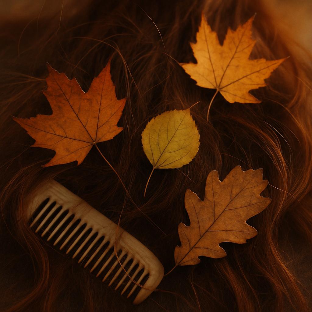 Verlorene Haare im Kamm zwischen buntem Herbstlaub – Symbolbild für saisonalen Haarausfall