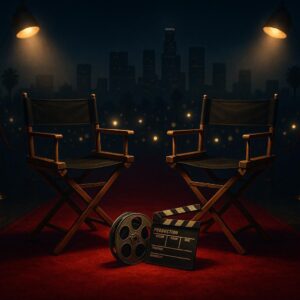 Symbolisches Bild eines roten Teppichs mit zwei Regiestühlen, Filmrolle und Klappe – Reunion-Thema ohne Personen, Netflix-Premiere