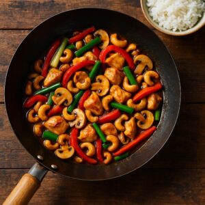 Wokgericht mit Thai-Hühnchenstreifen, Cashewkernen und buntem Gemüse – asiatische Küche leicht gemacht