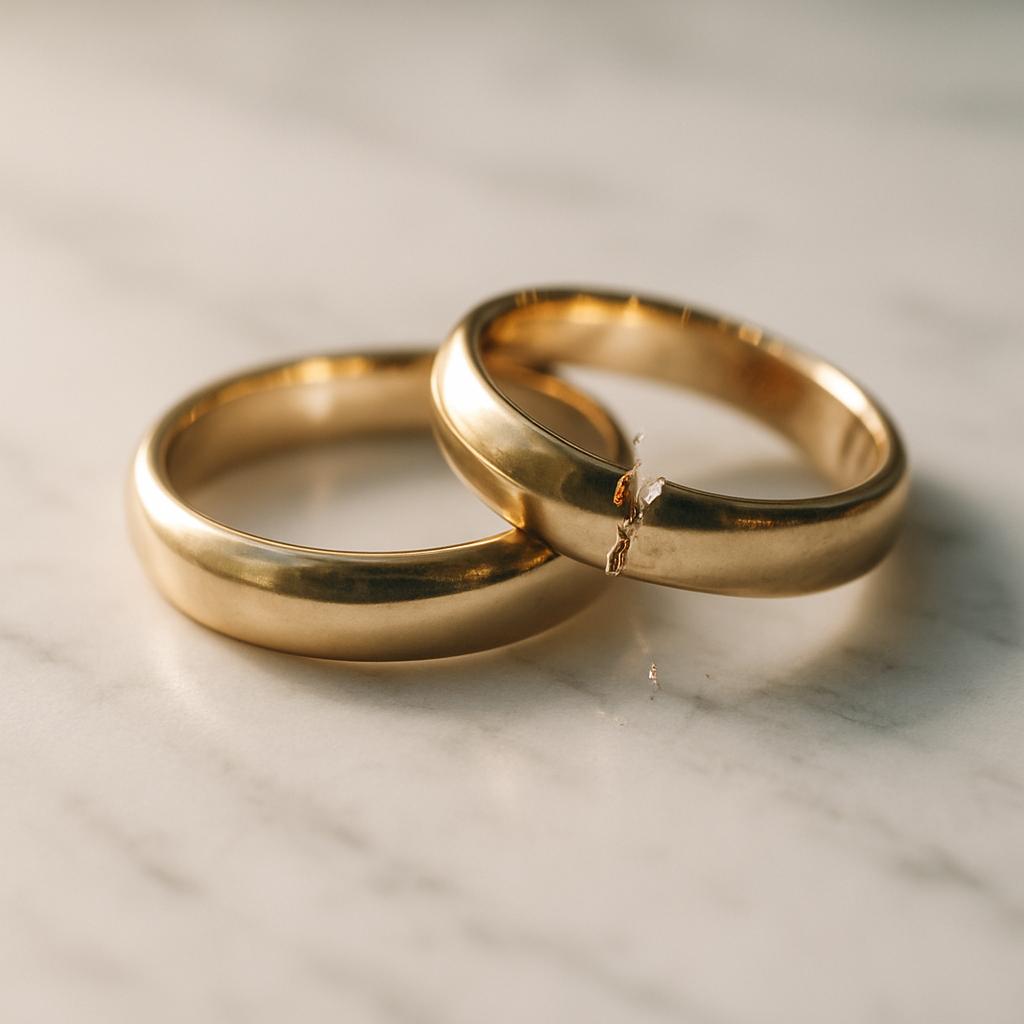 Zerbrochene Eheringe auf Marmor als Symbol für die Trennung von Nicole Kidman und Keith Urban – aktuelle Promi-News vom 30. September 2025