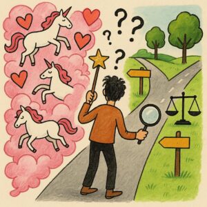 Symbolisches Bild einer Entscheidung zwischen optimistischer Illusion und realistischem Handeln