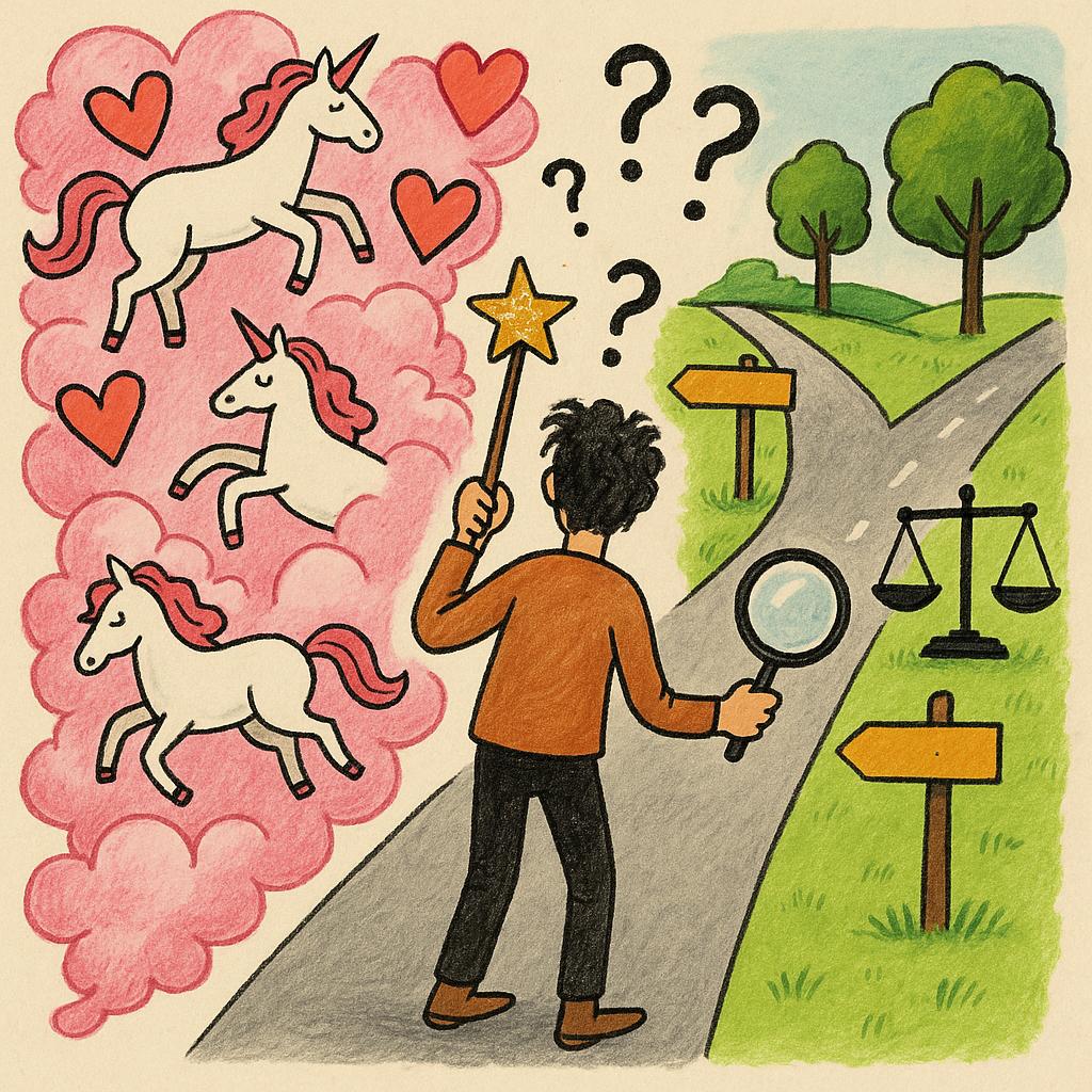 Symbolisches Bild einer Entscheidung zwischen optimistischer Illusion und realistischem Handeln