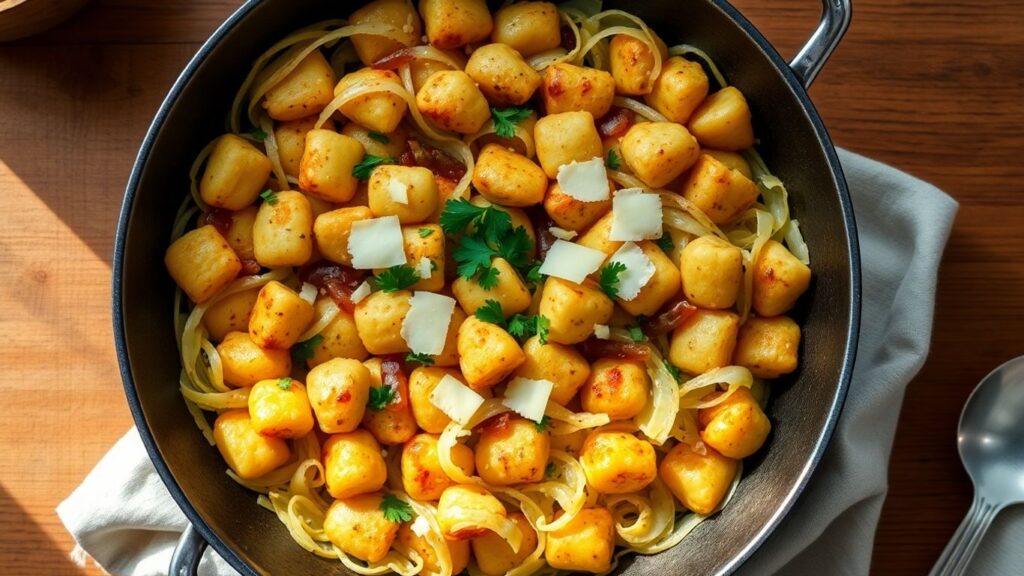 Pfanne mit goldbraunen Gnocchi und Weißkohl, Parmesan, Petersilie, Dampf, Draufsicht.